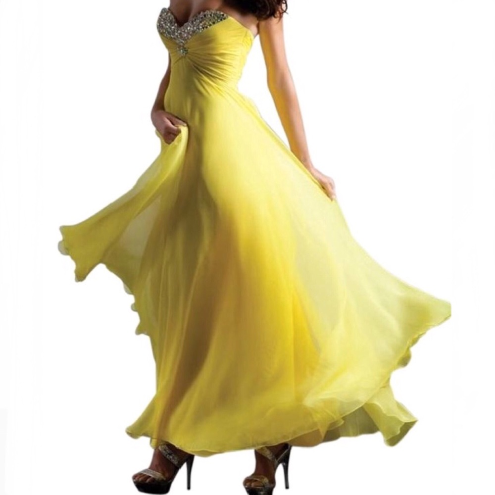Yellow Mori Lee Beaded Jeweled Long Gown Formal Dress